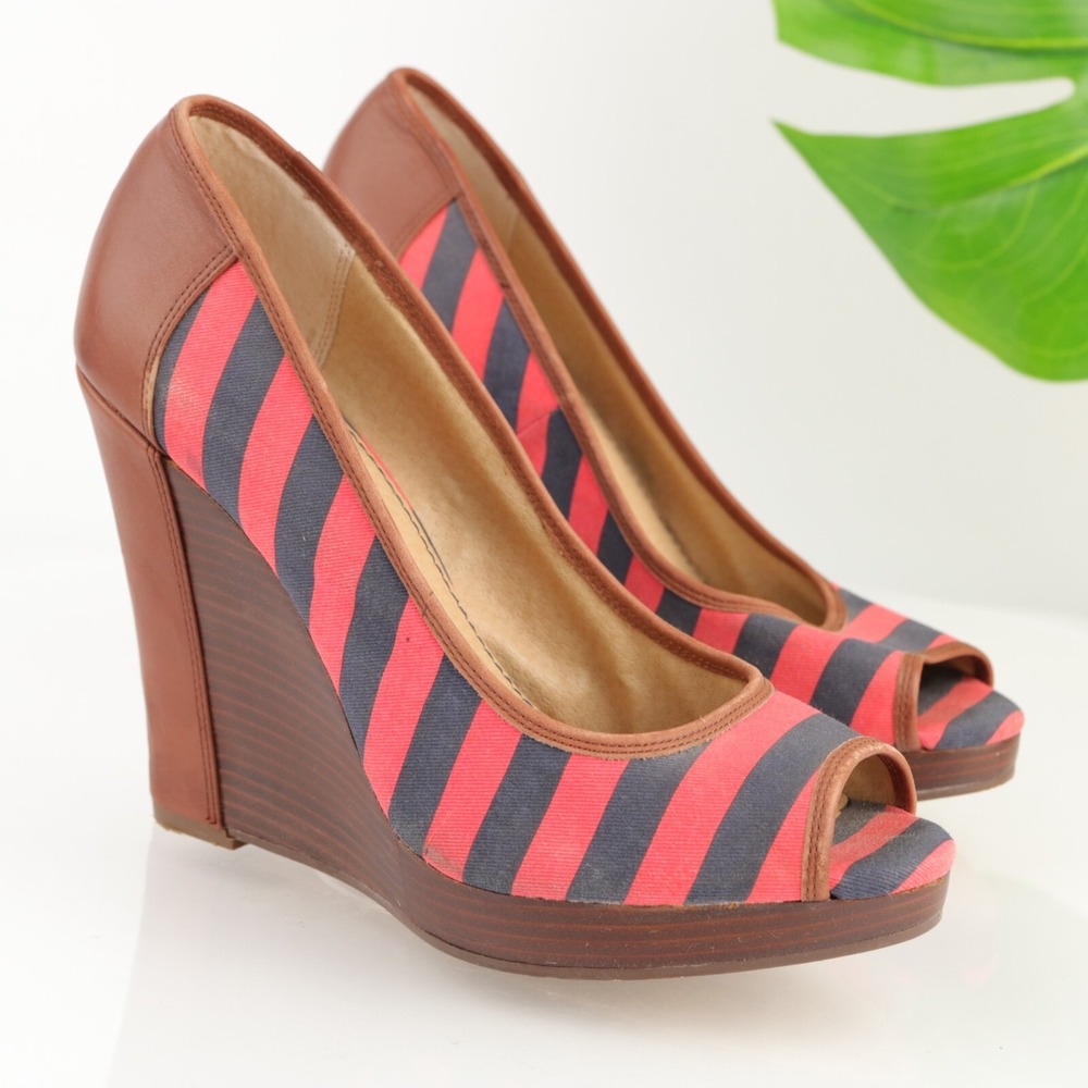 Splendid Womens Beverly Pump Size 10 Red Navy Brown Wedge Platform Shoe Peep Toe